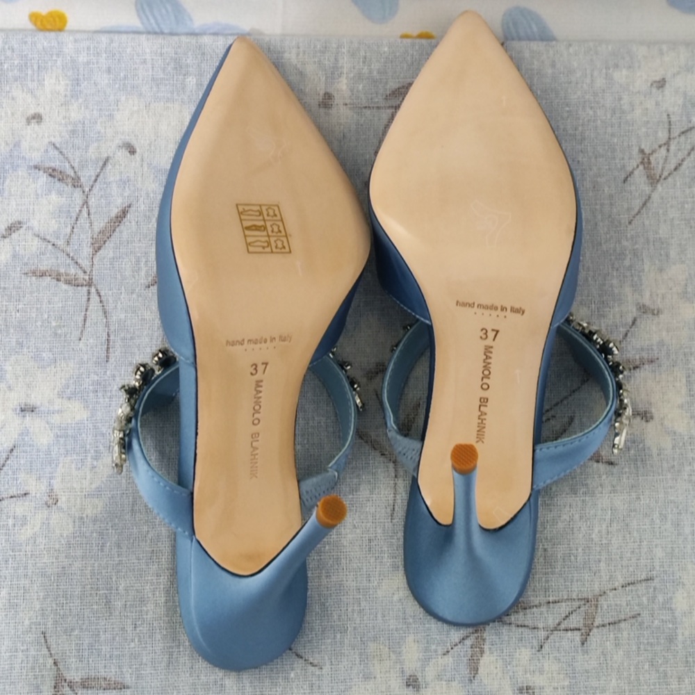 Manolo Blahnik Sky Blue Satin Crystal-Embellished Mule - Picture 10 of 14